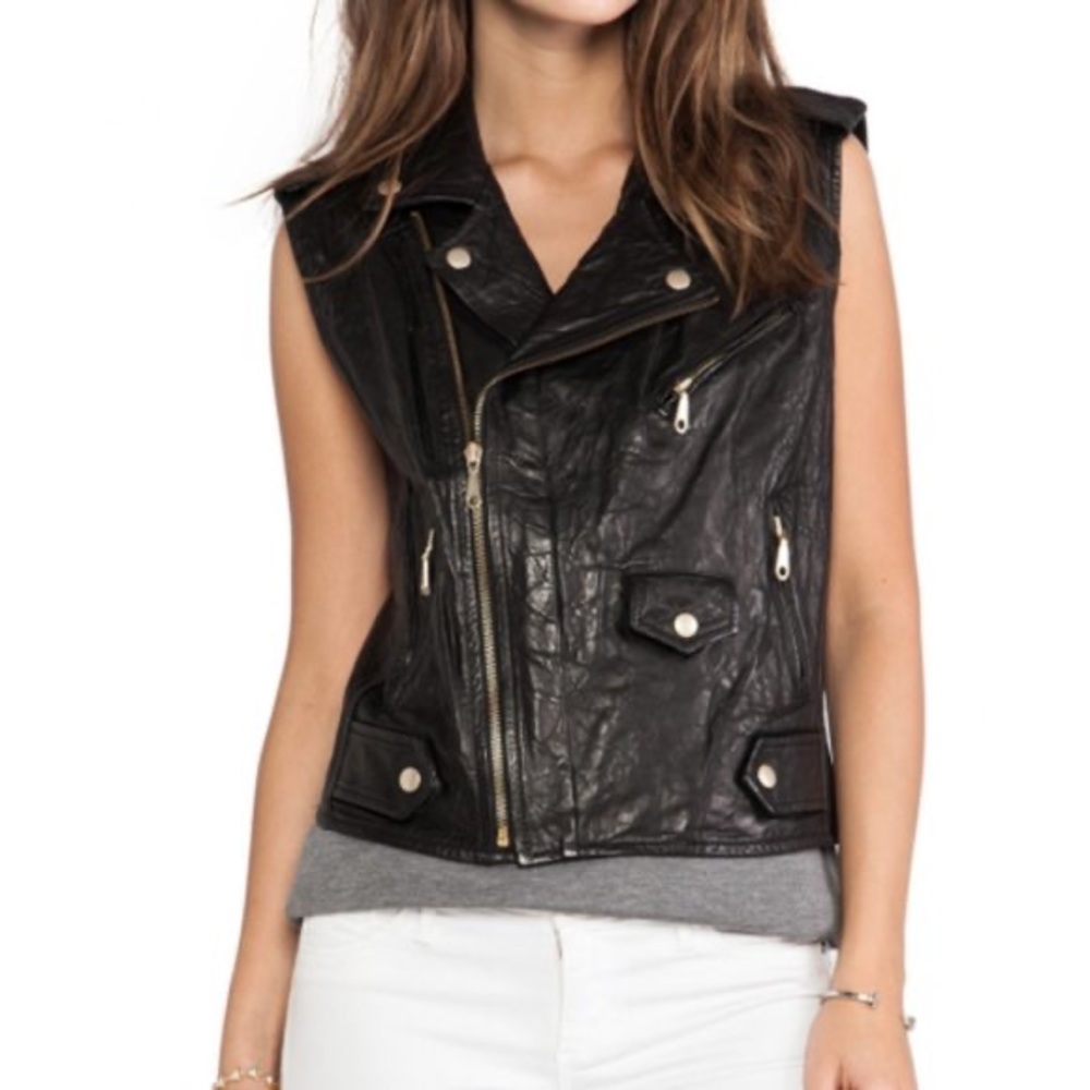 Rebecca Minkoff Leandra Leather Vest Black XS Lambskin Moto Zip
